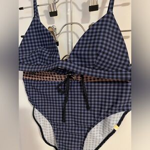 Summersalt Lace-Up High Leg High Rise Bikini + Triangle Bikini Top, Gingham, 2